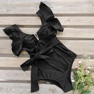 SPORLIKE Women One Piece Swimsuit Ruffle V Neck Swimwear Padded Bathing Suit(Black,Medium)