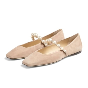 Dumjey Flats, Flats for Women, Square Toe Mary Jane Ballet Flats with Pearl Strap Comfortable Slip o...