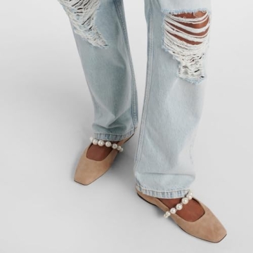 Dumjey Flats, Flats for Women, Square Toe Mary Jane Ballet Flats with Pearl Strap Comfortable Slip on for Wedding Bride Party - Nude 8