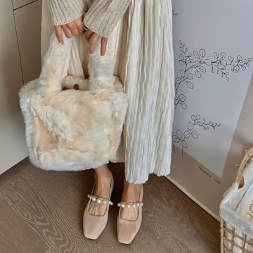 Dumjey Flats, Flats for Women, Square Toe Mary Jane Ballet Flats with Pearl Strap Comfortable Slip on for Wedding Bride Party - Nude 8