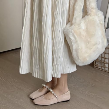 Dumjey Flats, Flats for Women, Square Toe Mary Jane Ballet Flats with Pearl Strap Comfortable Slip on for Wedding Bride Party - Nude 8