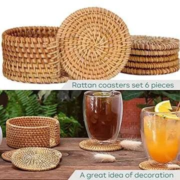 Eneocare Handmade Natural Rattan Coasters | Set of 6 Eco-Friendly Woven Coasters