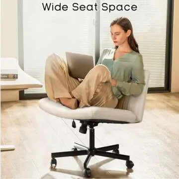 PUKAMI Criss Cross Chair with Wheels,Fabric Padded Armless Cross Legged Office Desk Chair for Home Office,Modern Swivel Height Adjustable Wide Seat Computer Task Vanity Chair (Beige)