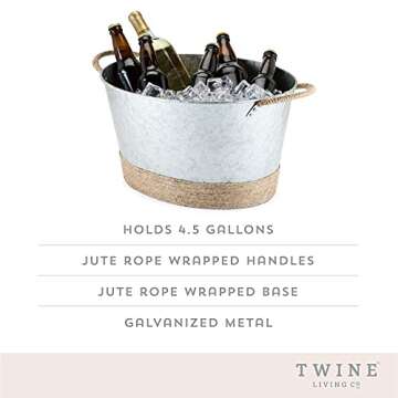 Twine Seaside Jute Rope Wrapped Farmhouse Galvanized Ice Metal Beverage Tub, Wine, Beer Bottle Bucke...