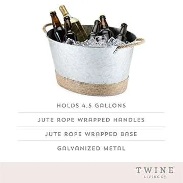 Twine Seaside Jute Rope Wrapped Farmhouse Galvanized Ice Metal Beverage Tub, Wine, Beer Bottle Bucke...