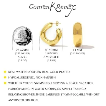 18K Gold Plated Chunky Hoop Earrings Waterproof Non-Tarnish
