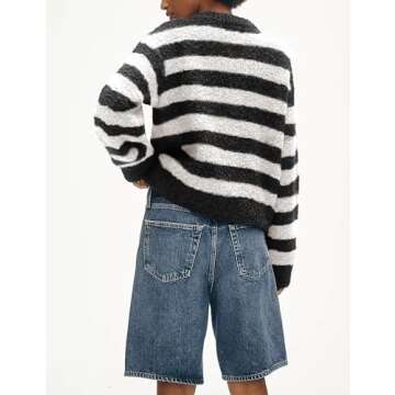 UANEO Women's Striped Cardigan Sweaters Trendy Boucle Button Down Long Sleeve Tops Crewneck Casual Knit Jackets(Black-M)