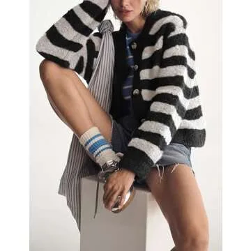 UANEO Women's Striped Cardigan Sweaters Trendy Boucle Button Down Long Sleeve Tops Crewneck Casual Knit Jackets(Black-M)