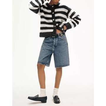 UANEO Women's Striped Cardigan Sweaters Trendy Boucle Button Down Long Sleeve Tops Crewneck Casual Knit Jackets(Black-M)