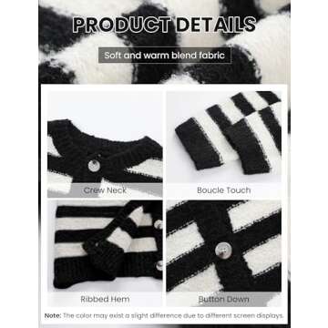 UANEO Women's Striped Cardigan Sweaters Trendy Boucle Button Down Long Sleeve Tops Crewneck Casual Knit Jackets(Black-M)