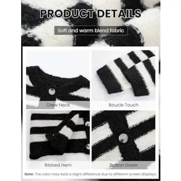 UANEO Women's Striped Cardigan Sweaters Trendy Boucle Button Down Long Sleeve Tops Crewneck Casual Knit Jackets(Black-M)