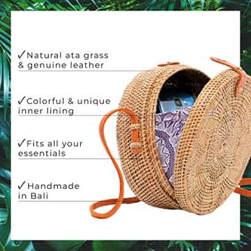 Novum Crafts Round Rattan Bag for Women - Handmade Ata Wicker Woven Purse - Circle, Square, Oval Bro...