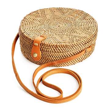 Novum Crafts Round Rattan Bag for Women - Handmade Ata Wicker Woven Purse - Circle, Square, Oval Brown Straw Boho Bags