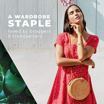 Novum Crafts Round Rattan Bag for Women - Handmade Ata Wicker Woven Purse - Circle, Square, Oval Brown Straw Boho Bags