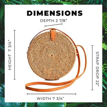 Novum Crafts Round Rattan Bag for Women - Handmade Ata Wicker Woven Purse - Circle, Square, Oval Brown Straw Boho Bags