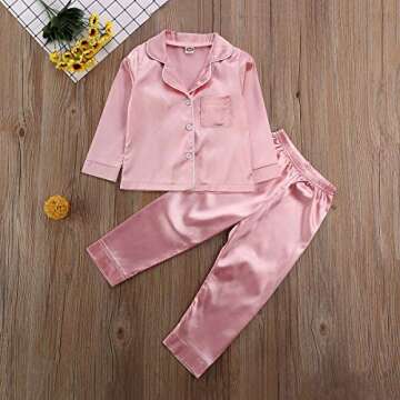 TiendaDeLage Toddler Baby Girl Satin Silk 3 Piece Long Sleve Collared Button Down Shirts and Pants C...