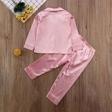 TiendaDeLage Toddler Baby Girl Satin Silk 3 Piece Long Sleve Collared Button Down Shirts and Pants Casual Cute Clothes Pink 4-5T