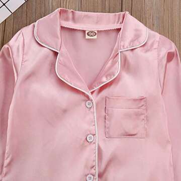 TiendaDeLage Toddler Baby Girl Satin Silk 3 Piece Long Sleve Collared Button Down Shirts and Pants Casual Cute Clothes Pink 4-5T