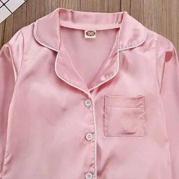 TiendaDeLage Toddler Baby Girl Satin Silk 3 Piece Long Sleve Collared Button Down Shirts and Pants Casual Cute Clothes Pink 4-5T