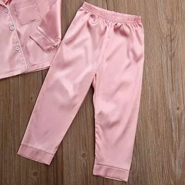 TiendaDeLage Toddler Baby Girl Satin Silk 3 Piece Long Sleve Collared Button Down Shirts and Pants Casual Cute Clothes Pink 4-5T