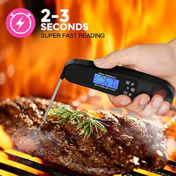 POWLAKENXS Instant Read Meat Thermometer for Kitchen Cooking, Ultra Fast Precise Waterproof Digital Food Thermometer with Backlight, Magnet and Foldable Probe for Deep Fry, Outdoor BBQ, Grill (Black)