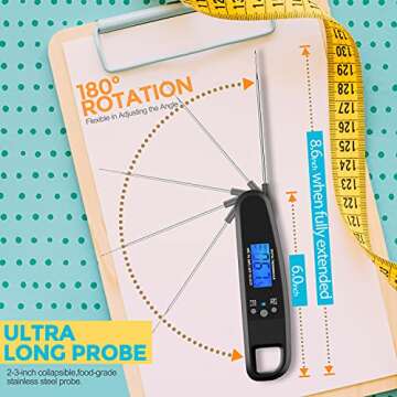 POWLAKENXS Instant Read Meat Thermometer for Kitchen Cooking, Ultra Fast Precise Waterproof Digital Food Thermometer with Backlight, Magnet and Foldable Probe for Deep Fry, Outdoor BBQ, Grill (Black)
