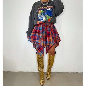 Wryran Women's Plaid Pleated Skirt High Waist Casual Skater Skirt Cute Mini A Line Skirt Hem Flowy Asymmetrical Skirts Flare Multicolor