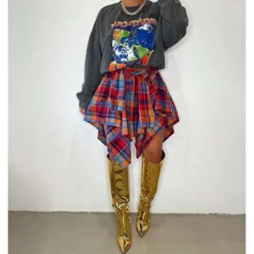 Wryran Women's Plaid Pleated Skirt High Waist Casual Skater Skirt Cute Mini A Line Skirt Hem Flowy Asymmetrical Skirts Flare Multicolor