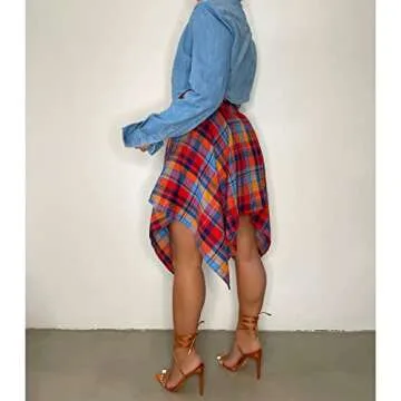 Wryran Women's Plaid Pleated Skirt High Waist Casual Skater Skirt Cute Mini A Line Skirt Hem Flowy Asymmetrical Skirts Flare Multicolor