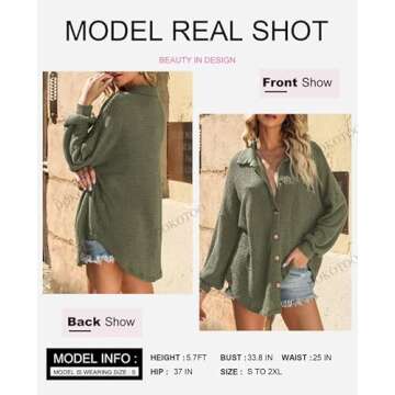 Dokotoo Button Up Shirts for Women Fashion 2024 Long Sleeve Waffle Knit Shacket Jacket Loose Fit Boyfriends Pocket Outerwear Oversized Blouses Tops Green Small
