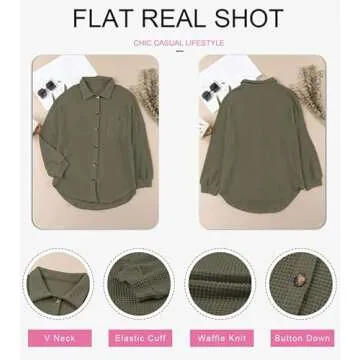 Dokotoo Button Up Shirts for Women Fashion 2024 Long Sleeve Waffle Knit Shacket Jacket Loose Fit Boyfriends Pocket Outerwear Oversized Blouses Tops Green Small