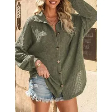 Dokotoo Button Up Shirts for Women Fashion 2024 Long Sleeve Waffle Knit Shacket Jacket Loose Fit Boyfriends Pocket Outerwear Oversized Blouses Tops Green Small