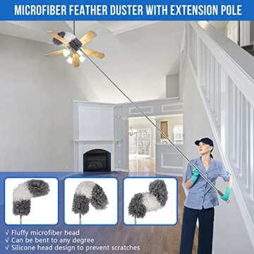 Dusters for Cleaning, Retractable Microfiber Gap Dust Cleaner with Extension Pole 30'' to 100'', Reusable Bendable Long Handle Feather Duster Kit for Cleaning High Ceiling Fan, Furniture, Blinds, Car
