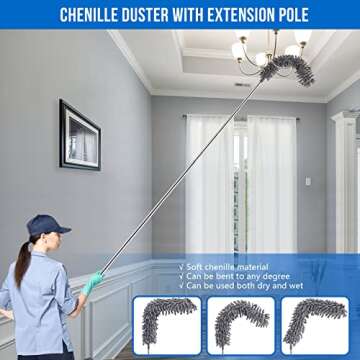 Dusters for Cleaning, Retractable Microfiber Gap Dust Cleaner with Extension Pole 30'' to 100'', Reusable Bendable Long Handle Feather Duster Kit for Cleaning High Ceiling Fan, Furniture, Blinds, Car
