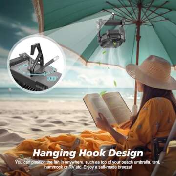CONBOLA Portable Rechargeable Camping Fan for Tent, 10400mAh Battery Operated Outdoor Fan with Hanging Hook, LED Lantern, 270° Rotation, 10-Inch Small Quiet Personal Usb Cooling Fan for Travel
