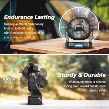 CONBOLA Portable Rechargeable Camping Fan for Tent, 10400mAh Battery Operated Outdoor Fan with Hanging Hook, LED Lantern, 270° Rotation, 10-Inch Small Quiet Personal Usb Cooling Fan for Travel