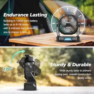CONBOLA Portable Rechargeable Camping Fan for Tent, 10400mAh Battery Operated Outdoor Fan with Hanging Hook, LED Lantern, 270° Rotation, 10-Inch Small Quiet Personal Usb Cooling Fan for Travel