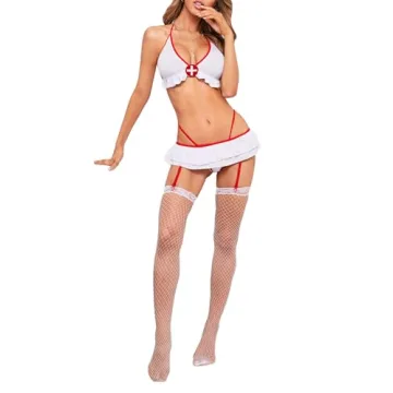 WDIRARA Women's Sexy Nurse Costume Cosplay Halter Lingerie Set with Garter and Stockings White XL