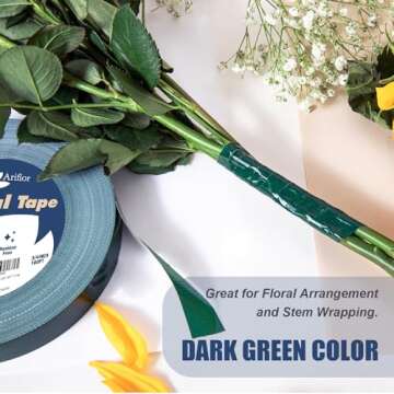 ARIFLOR Green Floral Tape - Flower Wrap Adhesive Tape Bouquet Stem Wrapping and Floral Crafts, Wedding Bouquet Tape - 3/4 inch Wide and 180 FT Long