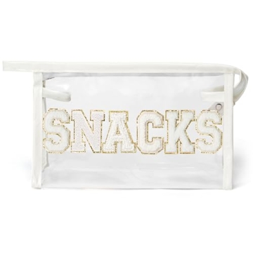 Y1tvei SNACKS Clear Makeup Bag - Preppy White Chenille Pouch Ideal for Snacks & Cosmetics