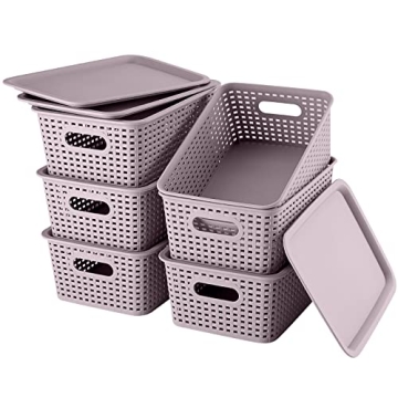 AREYZIN Lidded Storage Bins - Stylish, Stackable Storage Baskets for Home & Office, 6 Pack, Purple