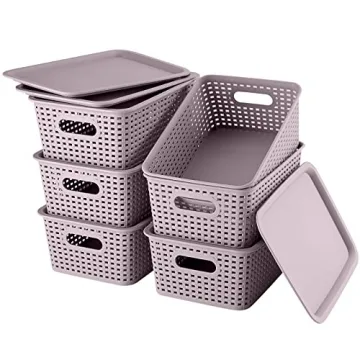 AREYZIN Lidded Storage Bins - Stylish, Stackable Storage Baskets for Home & Office, 6 Pack, Purple