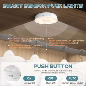 Wireless Motion Sensor Puck Lights with Charging Station, 3 Colors USB Rechargeable LED Closet Lights with Remote, Dimmable Under Cabinet Lighting with Remote Control, Magnet Stick-on Lights (4 Pack)