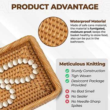 Rectangular Rattan Bathroom Vanity Tray, Toilet Tank Baskets, Decorative Woven Serving Tray for Coffee, Food, Kitchen, Long Narrow Baskets for Holding Hand Towels Brings Vase and Flowers. 16.8*6*2 in