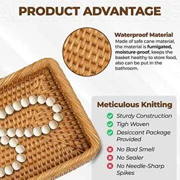 Rectangular Rattan Bathroom Vanity Tray, Toilet Tank Baskets, Decorative Woven Serving Tray for Coffee, Food, Kitchen, Long Narrow Baskets for Holding Hand Towels Brings Vase and Flowers. 16.8*6*2 in