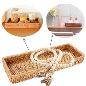 Rectangular Rattan Bathroom Vanity Tray, Toilet Tank Baskets, Decorative Woven Serving Tray for Coffee, Food, Kitchen, Long Narrow Baskets for Holding Hand Towels Brings Vase and Flowers. 16.8*6*2 in