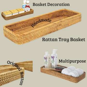 Rectangular Rattan Bathroom Vanity Tray, Toilet Tank Baskets, Decorative Woven Serving Tray for Coffee, Food, Kitchen, Long Narrow Baskets for Holding Hand Towels Brings Vase and Flowers. 16.8*6*2 in