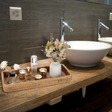 Rectangular Rattan Bathroom Vanity Tray, Toilet Tank Baskets, Decorative Woven Serving Tray for Coffee, Food, Kitchen, Long Narrow Baskets for Holding Hand Towels Brings Vase and Flowers. 16.8*6*2 in