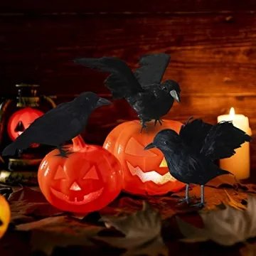 FUNPENY Halloween Black Feathered Crows, 3 Pack Black Crows with Real Feather Halloween Decoration for Indoor Outdoor