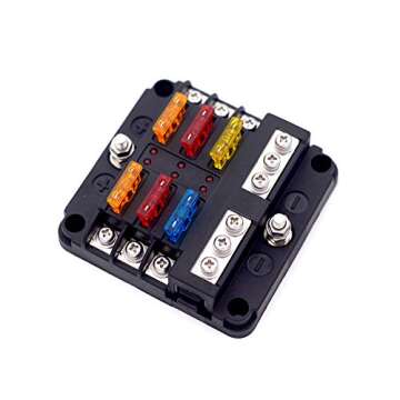 6-Way Fuse Block with Ground, 6 Circuit ATC/ATO Fuse Box Holder with Negative Bus, Protection Cover ...